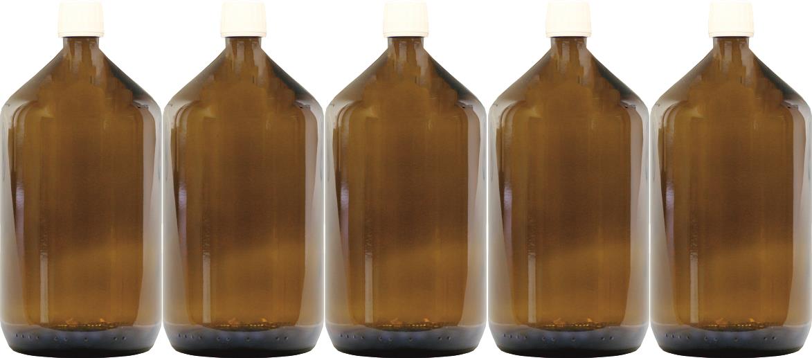 5 flacons d'apothicaire de 1 L, flacons de laboratoire en verre marron, bouchon inviolable pp28st