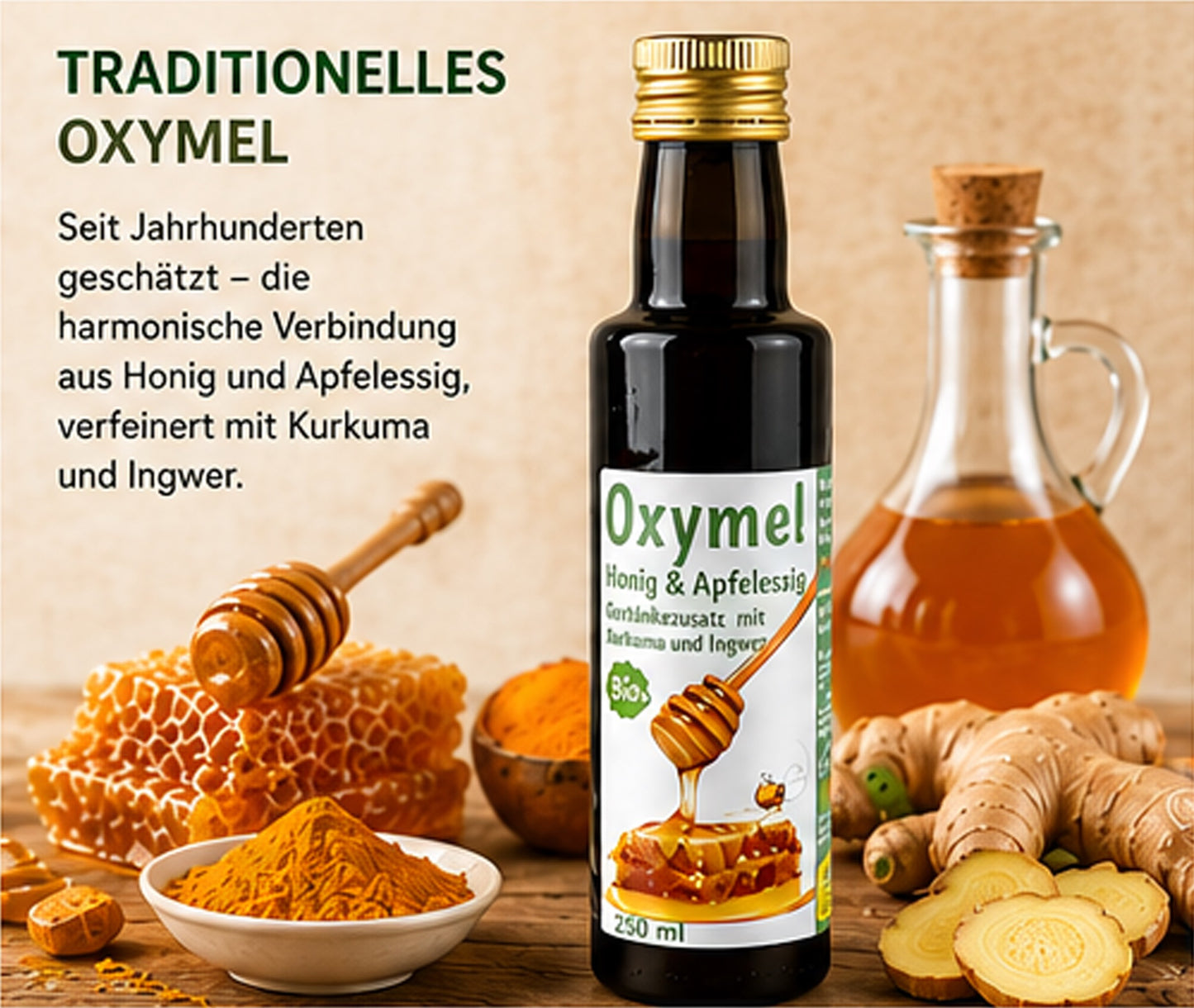 Organic Oxymel Turmeric and Ginger 100 ml Beverage Additive with Honey & Apple Cider Vinegar Sour Honey