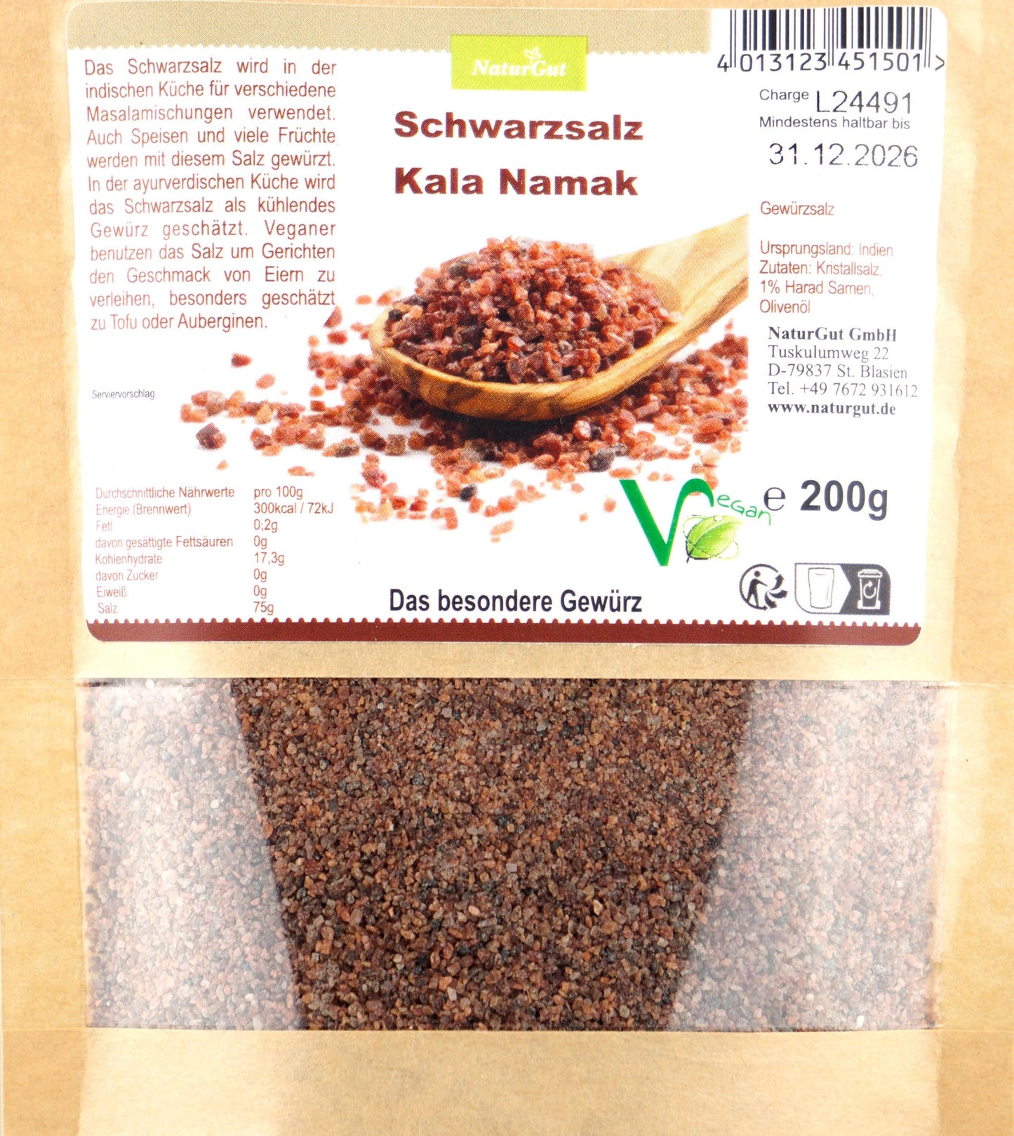 Schwarzsalz Kala Namak Feinsalz Veganer Salz Exotisches Würzmittel 200g Beutel
