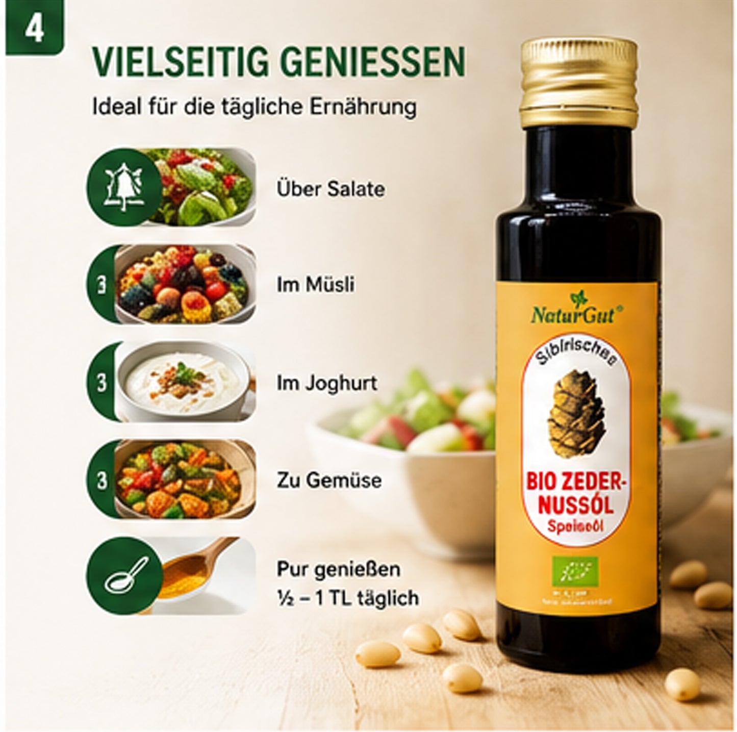 Bio Zedernussöl 100 ml | Kaltgepresstes Bio Zedernöl aus Pinus sibirica | Reich an ungesättigten Fettsäuren & natürlichem Vitamin E