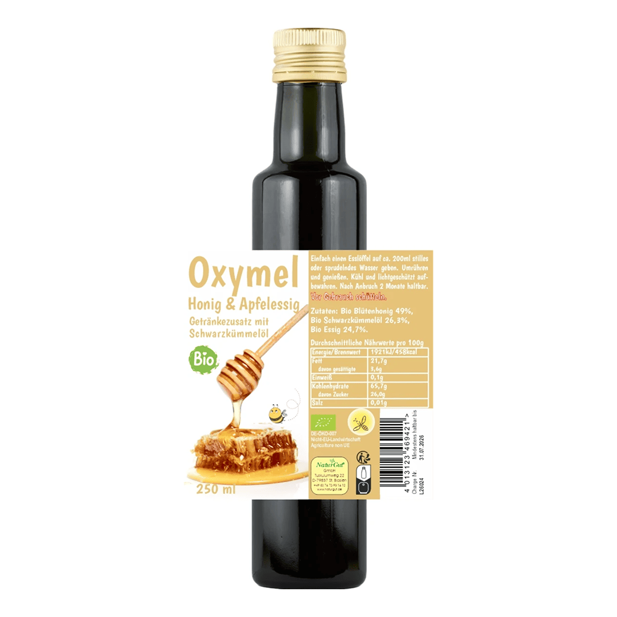 Organic Oxymel Black Cumin Oil 250 ml Beverage Additive with Honey &amp; Apple Cider Vinegar Sour Honey
