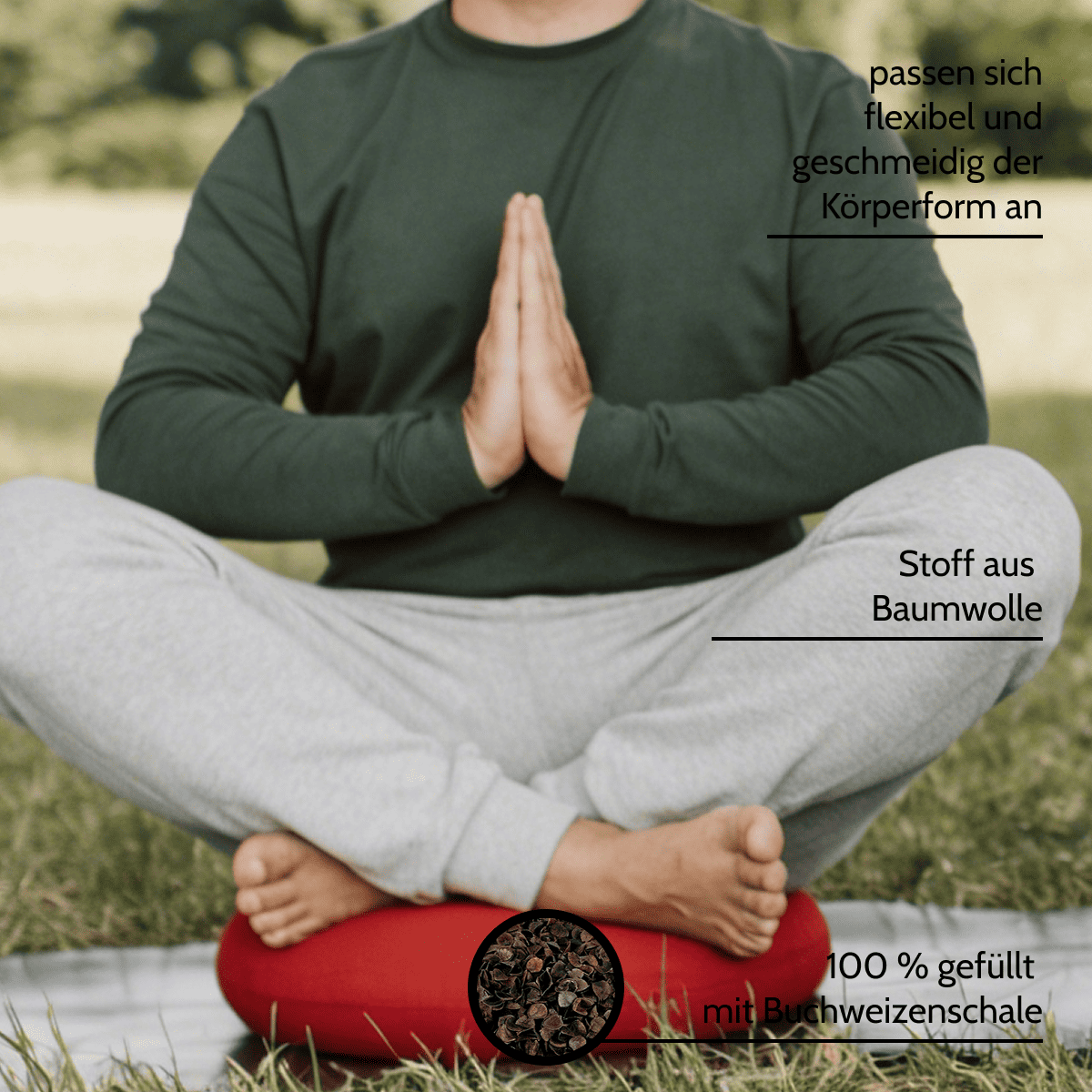 Coussin de méditation yoga uni rouge garni de sarrasin bio - rond Ø env.