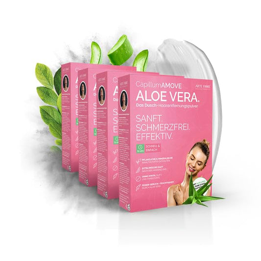 4x300g Intim Enthaarungscreme Pulver Männer Frauen Capillum AMOVE Aloe Vera - extra sanfte Dusch-Haarentfernung Intimbereich in 3-6 Minuten