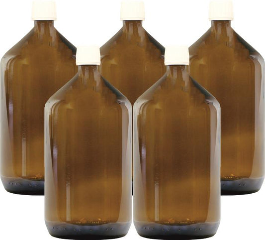 5 flacons d'apothicaire de 1 L, flacons de laboratoire en verre marron, bouchon inviolable pp28st