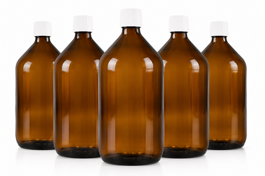 Braunglasflaschen 5 x 1 Liter mit PP28ST Originalitätsverschluss | Apothekerflaschen aus Braunglas | UV-Schutz Glasflaschen | Für Tinkturen, Ätherische Öle, Labor, Kosmetik, Lebensmittel & DIY