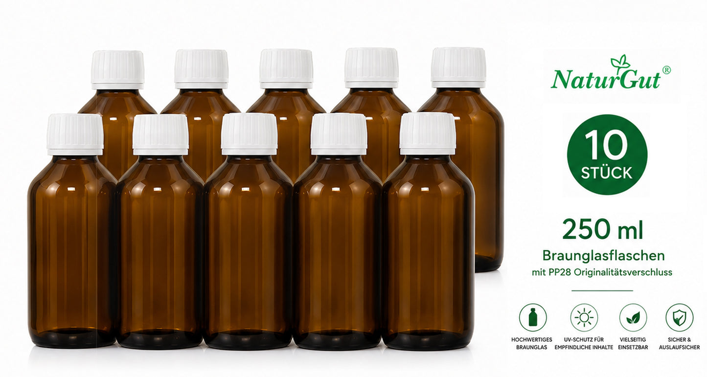 10 x 250 ml Braunglasflaschen | Apothekerflaschen aus Braunglas mit PP28 Originalitätsverschluss | Laborflaschen für Öle, Tinkturen & DIY | 10er Set