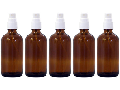 5 x 100ml Braunglasflasche mit Sprühkopf und Schutzkappe