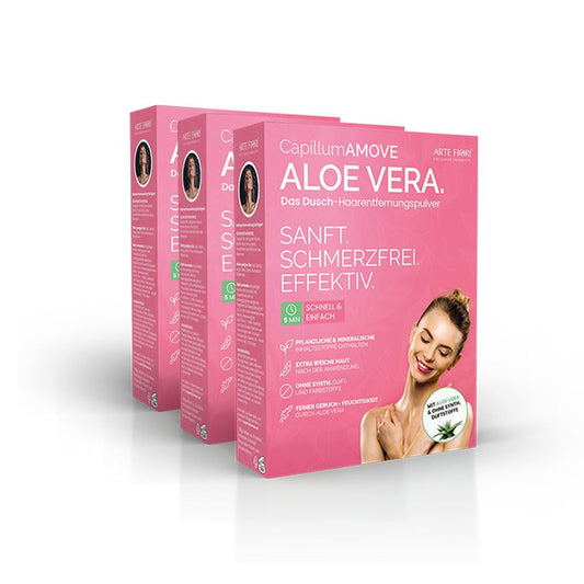 Capillum AMOVE Aloe Vera 3x300g Premium Enthaarungscreme Intimbereich Frau - sanftes Enthaarungspulver Frauen schmerzfreie Dusch-Intim Enthaarungscreme Frauen ohne Zusatzstoffe mit neutralem Geruch