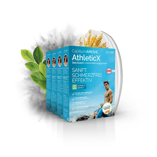 Capillum AMOVE AthleticX Premium Crème Épilatoire Zone Intime 4x300g - Poudre Épilatoire Douce Homme Crème dépilatoire sous douche sans douleur et sans additifs avec une odeur neutre 