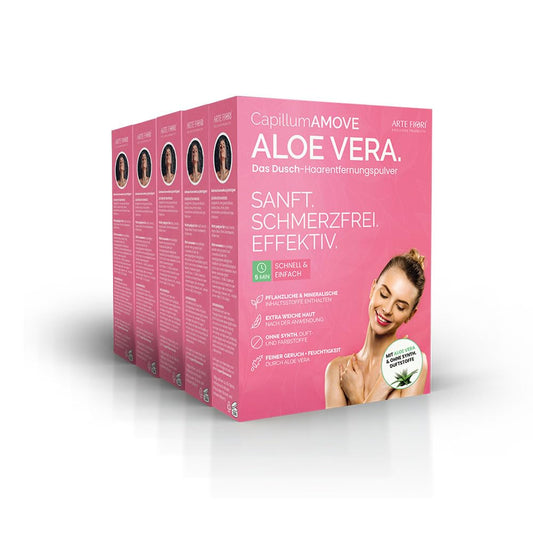 Capillum AMOVE Aloe Vera 5x300g Crème Épilatoire Premium Zone Intime Femme - Poudre Épilatoire Douce Femme Douche Sans Douleur Crème Épilatoire Intime Femme Sans Additifs Avec Odeur Neutre