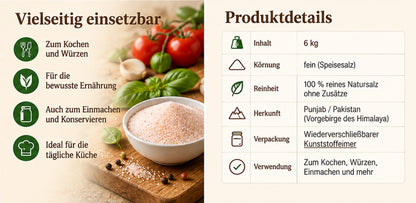 Kristallsalz Fein 6 kg im Eimer | 100 % reines Natursalz aus Punjab Pakistan | Fein gemahlenes Steinsalz ohne Zusätze | Speisesalz für Küche, Kochen & Würzen
