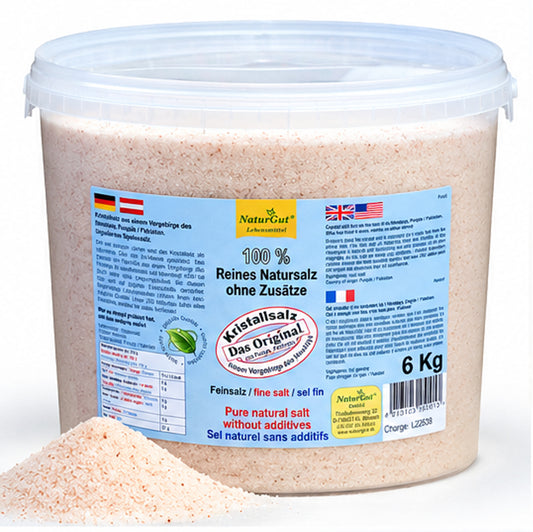 Kristallsalz Fein 6 kg im Eimer | 100 % reines Natursalz aus Punjab Pakistan | Fein gemahlenes Steinsalz ohne Zusätze | Speisesalz für Küche, Kochen & Würzen