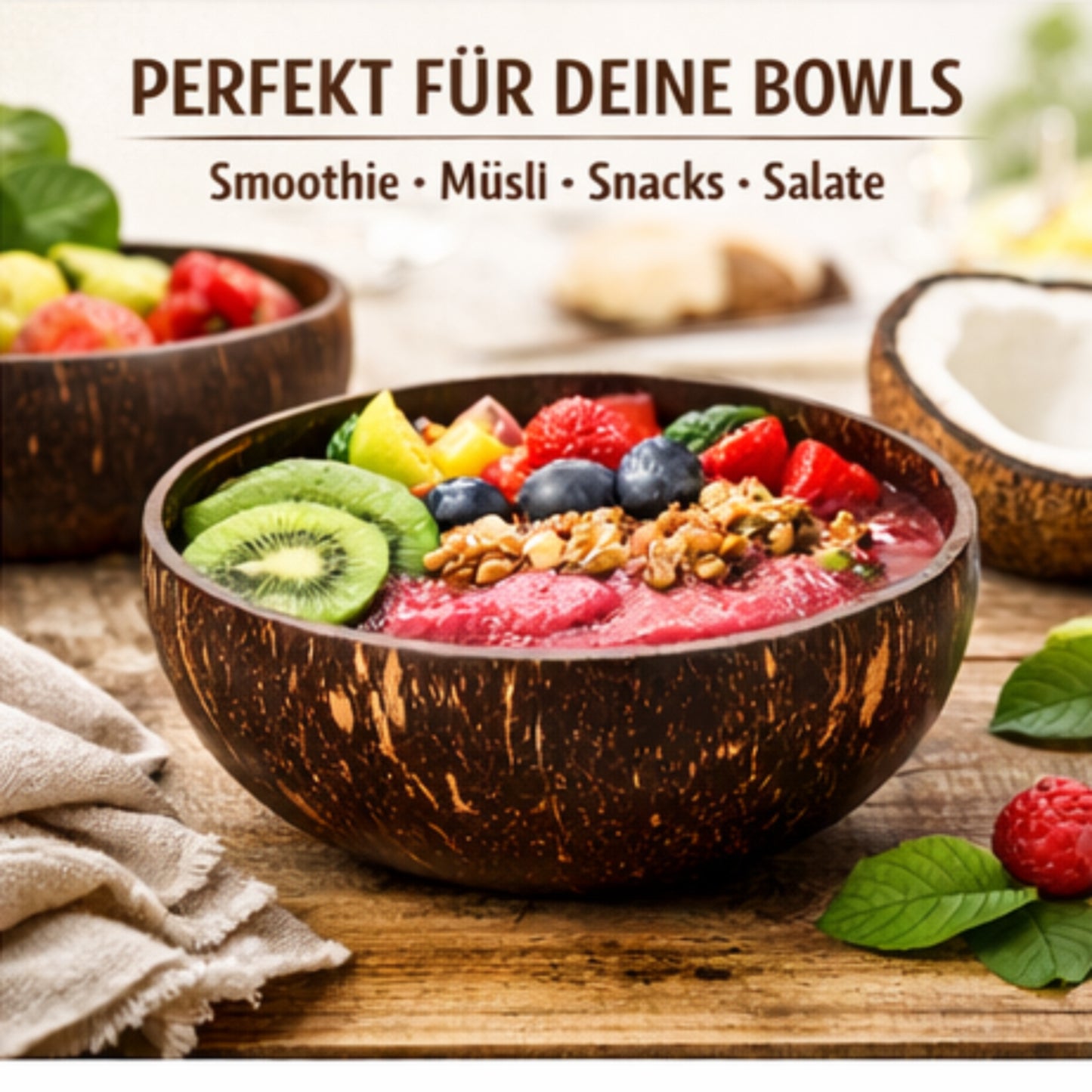 Kokosnuss Schalen-Set (2 Schalen + 2 Löffel) – Handgemachte Kokosnussschalen – Nachhaltige Müslischalen & Smoothie Bowls