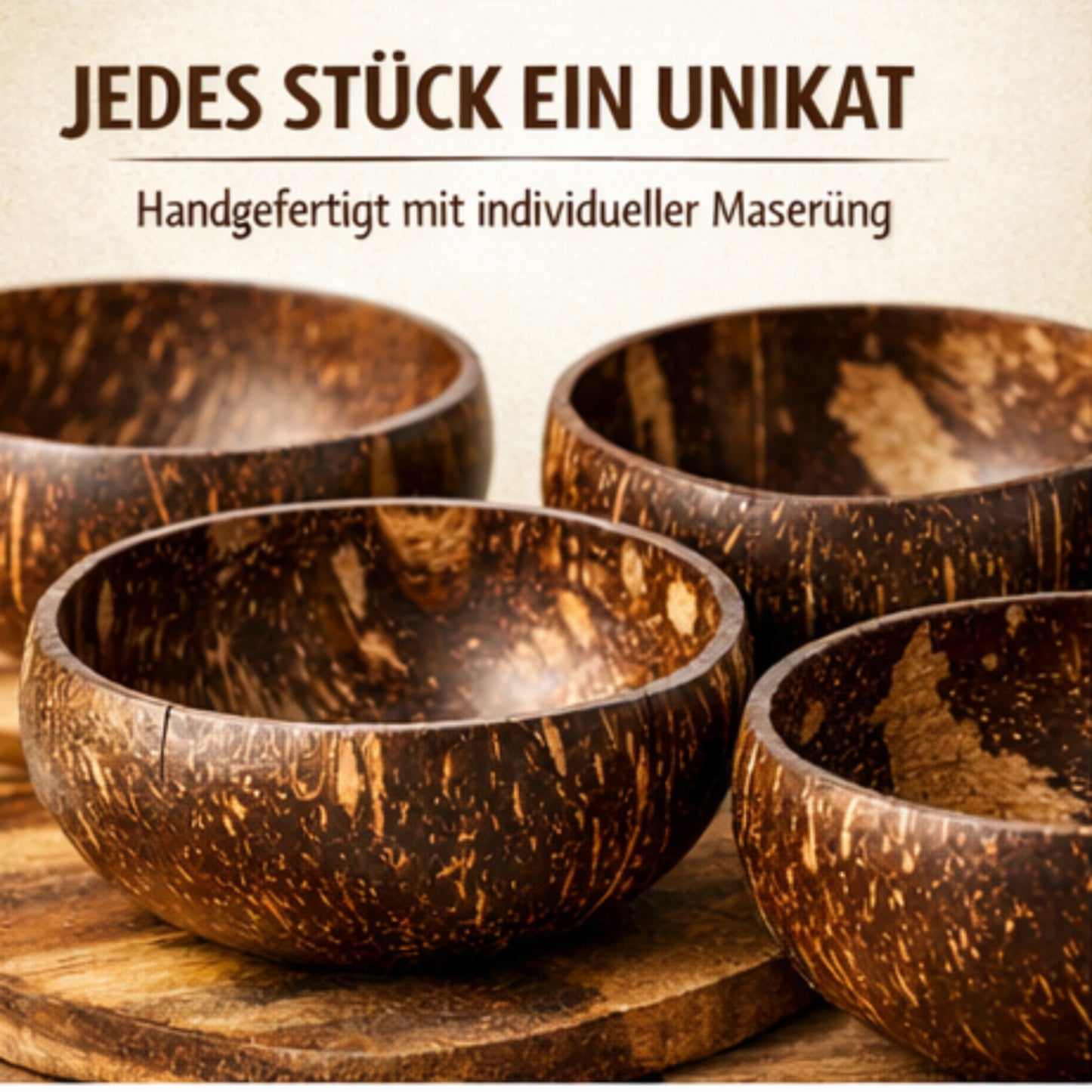 Kokosnuss Schalen-Set (2 Schalen + 2 Löffel) – Handgemachte Kokosnussschalen – Nachhaltige Müslischalen & Smoothie Bowls