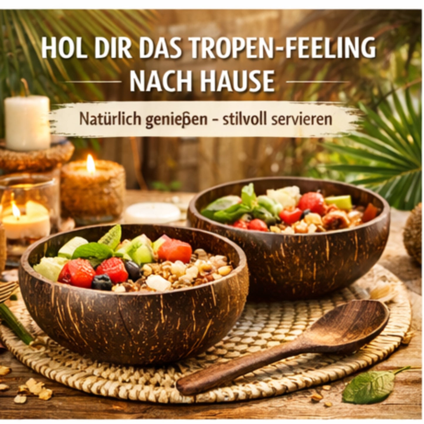 Kokosnuss Schalen-Set (2 Schalen + 2 Löffel) – Handgemachte Kokosnussschalen – Nachhaltige Müslischalen & Smoothie Bowls