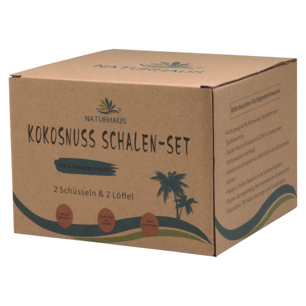Kokosnuss Schalen-Set (2 Schalen + 2 Löffel) – Handgemachte Kokosnussschalen – Nachhaltige Müslischalen & Smoothie Bowls
