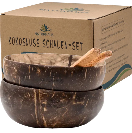 Kokosnuss Schalen-Set (2 Schalen + 2 Löffel) – Handgemachte Kokosnussschalen – Nachhaltige Müslischalen & Smoothie Bowls