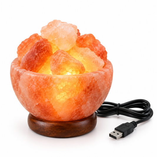 Kristallsalzlampe Feuerschale mit LED & USB | Kleine Himalaya Salzlampe aus Pakistan | Salzleuchte ca. 12 cm, 700 g | Warmes Stimmungslicht für Wohnzimmer & Schlafzimmer