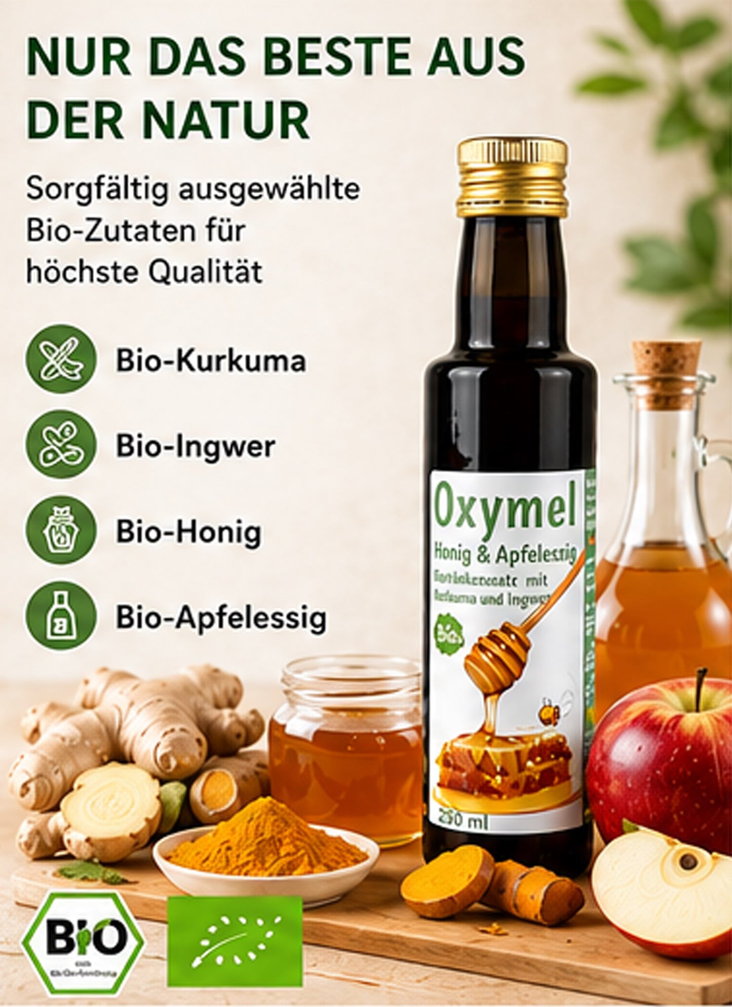 Oxymel biologique curcuma et gingembre 250 ml additif pour boisson au miel et vinaigre de cidre de pomme miel aigre