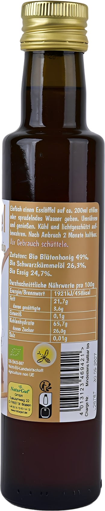 Organic Oxymel Black Cumin Oil 250 ml Beverage Additive with Honey &amp; Apple Cider Vinegar Sour Honey