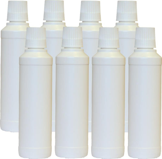 8 Cylindrical round bottles made of PE with measuring cup closure 