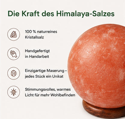 NaturGut Kristallsalz-Lampe Kugel 3–5 kg mit Elektrik & Holzsockel | Runde Himalaya Salzlampe | Handgefertigte Salzkristall-Lampe | Warmes Ambiente Licht für Wohnzimmer, Schlafzimmer, Yoga & Meditation