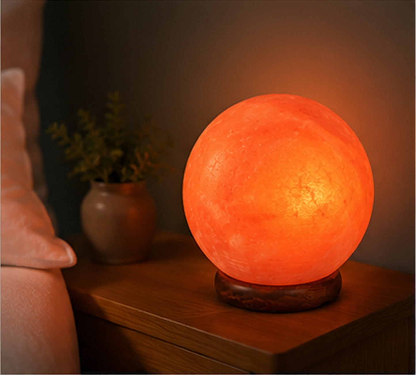 NaturGut Kristallsalz-Lampe Kugel 3–5 kg mit Elektrik & Holzsockel | Runde Himalaya Salzlampe | Handgefertigte Salzkristall-Lampe | Warmes Ambiente Licht für Wohnzimmer, Schlafzimmer, Yoga & Meditation