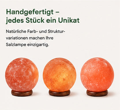 NaturGut Kristallsalz-Lampe Kugel 3–5 kg mit Elektrik & Holzsockel | Runde Himalaya Salzlampe | Handgefertigte Salzkristall-Lampe | Warmes Ambiente Licht für Wohnzimmer, Schlafzimmer, Yoga & Meditation