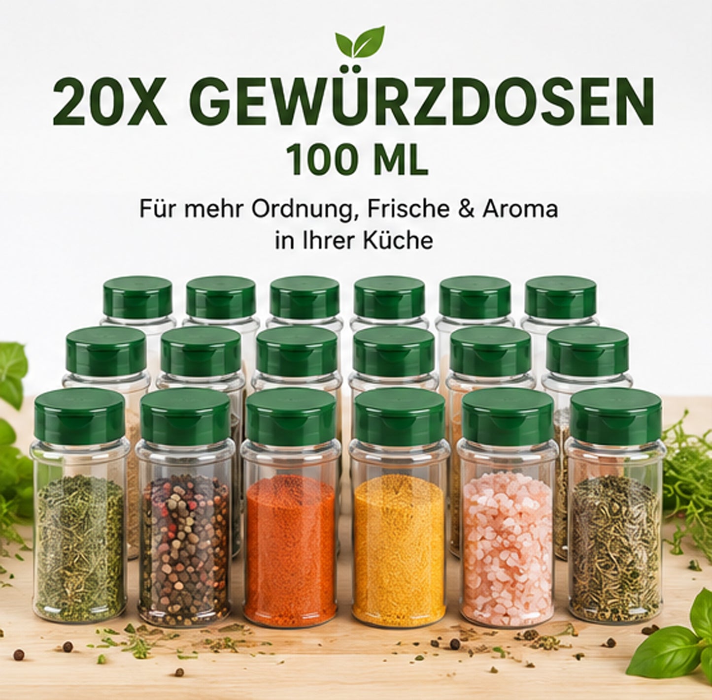 Gewürzdosen 20x100 ml mit Streuverschluss & UV-Schutz – PET Gewürzgläser BPA-frei – Gewürzbehälter für Küche, Kräuter, Gewürze & Vorrat – Wiederverwendbar & Aromaschutz