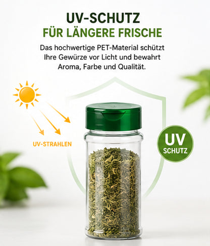 Gewürzdosen 10x100 ml mit Streuverschluss & UV-Schutz – PET Gewürzgläser BPA-frei – Gewürzbehälter für Küche, Kräuter, Gewürze & Vorrat – Wiederverwendbar & Aromaschutz