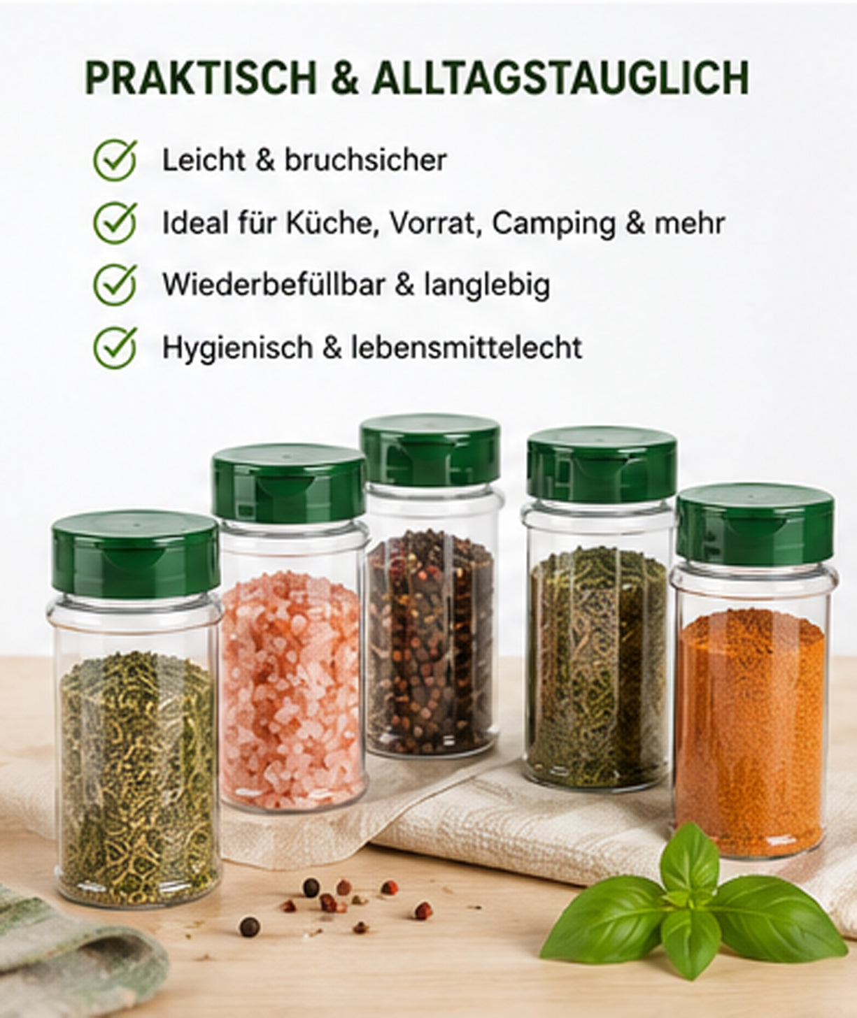 Gewürzdosen 10x100 ml mit Streuverschluss & UV-Schutz – PET Gewürzgläser BPA-frei – Gewürzbehälter für Küche, Kräuter, Gewürze & Vorrat – Wiederverwendbar & Aromaschutz