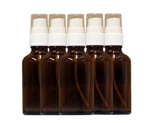 5 x 50ml brown glass bottle with spray head and protective cap