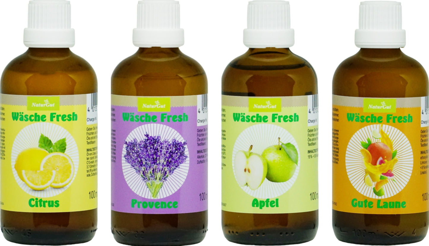 Wäsche Fresh 4er-Komplett Set Wäscheduft Citrus, Grüner Apfel, Gute Laune Provence Lavendel