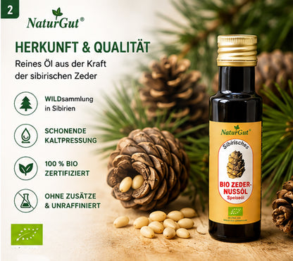 Bio Zedernussöl 100 ml | Kaltgepresstes Bio Zedernöl aus Pinus sibirica | Reich an ungesättigten Fettsäuren & natürlichem Vitamin E
