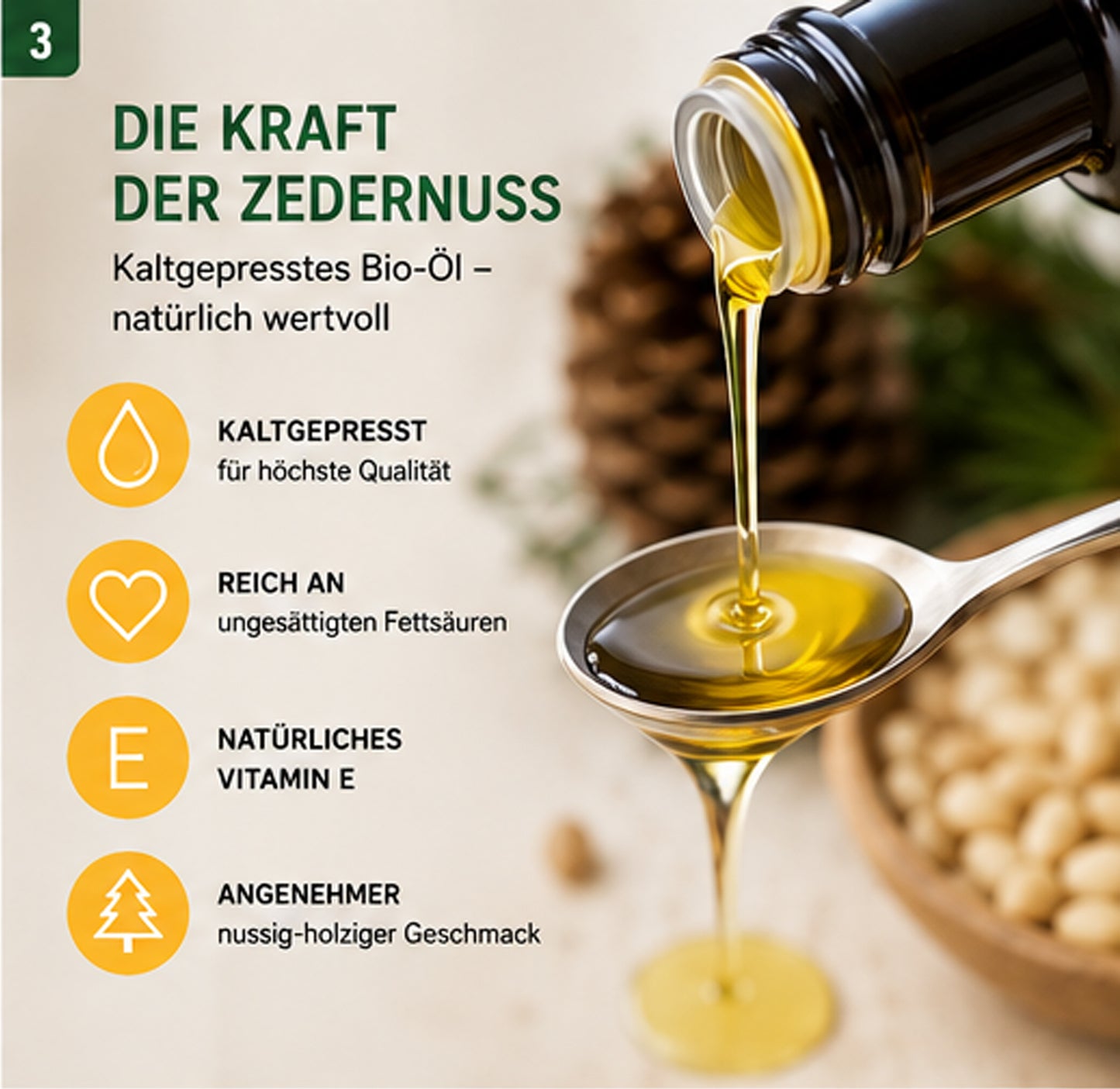 Bio Zedernussöl 100 ml | Kaltgepresstes Bio Zedernöl aus Pinus sibirica | Reich an ungesättigten Fettsäuren & natürlichem Vitamin E