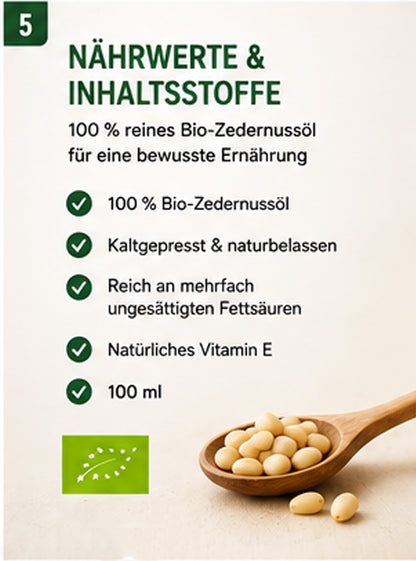 Bio Zedernussöl 100 ml | Kaltgepresstes Bio Zedernöl aus Pinus sibirica | Reich an ungesättigten Fettsäuren & natürlichem Vitamin E