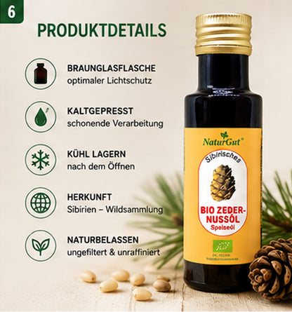 Bio Zedernussöl 100 ml | Kaltgepresstes Bio Zedernöl aus Pinus sibirica | Reich an ungesättigten Fettsäuren & natürlichem Vitamin E
