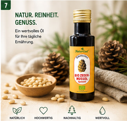 Bio Zedernussöl 100 ml | Kaltgepresstes Bio Zedernöl aus Pinus sibirica | Reich an ungesättigten Fettsäuren & natürlichem Vitamin E