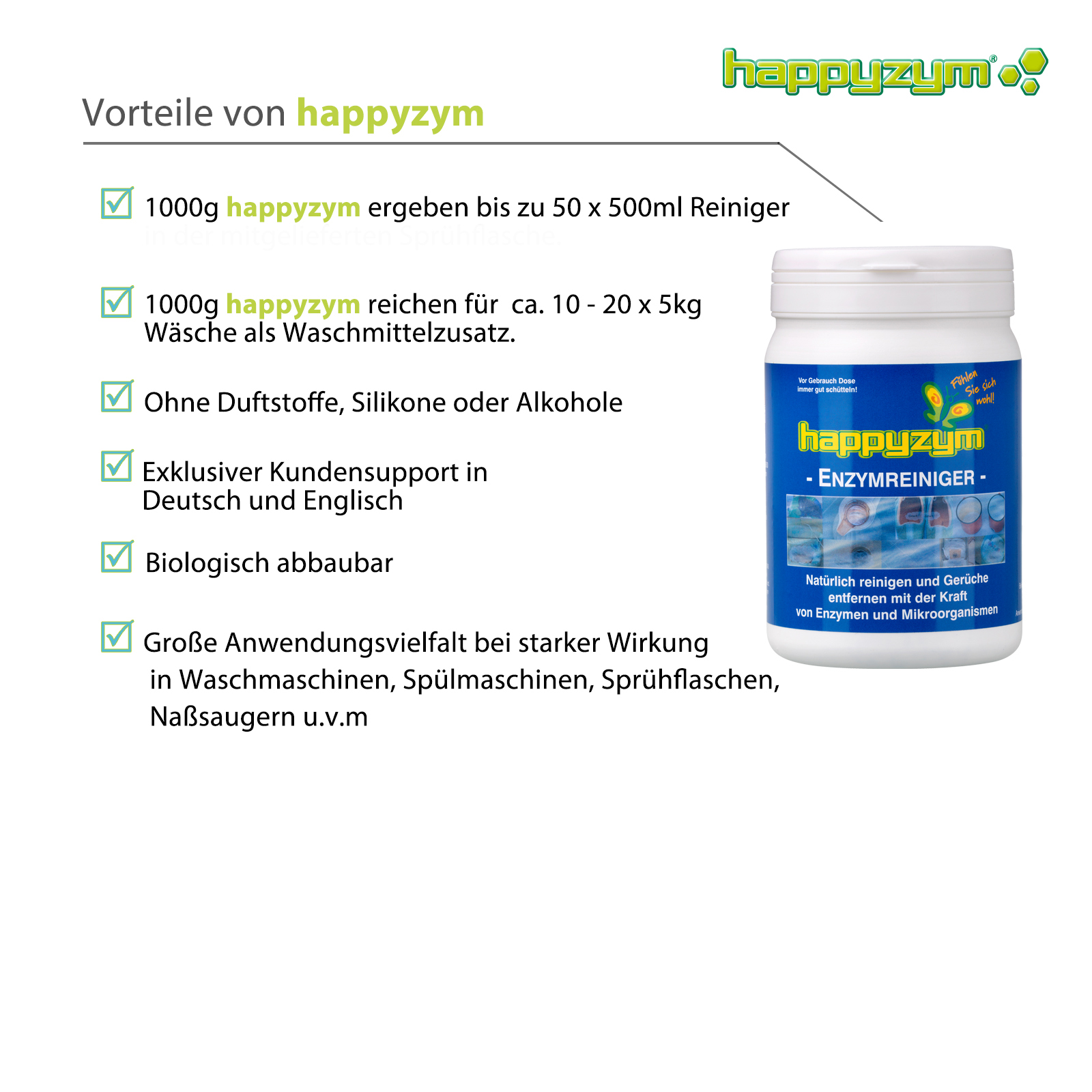 happyzym 1kg natürlicher Enzym-Reinigungspulver Spezialreiniger und  Geruchsentferner, Reinigung, Haushalt